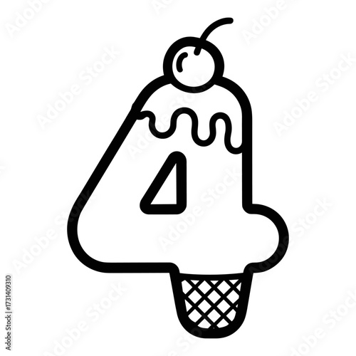 Number 4 Ice Cream Cone Coloring Page Vector Illustration for Kids Learning and Fun, Cute Ice Cream Number Four Cartoon Outline Drawing Printable Coloring Design, Educational Math Number 4 Coloring.