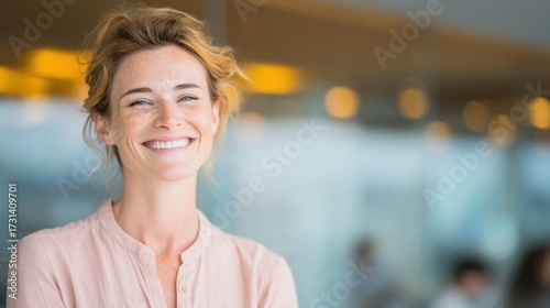 Joyful woman smiling in modern office setting during daytime activities Free Download Joyful woman smiling in modern office setting during daytime activities - GFXLoad