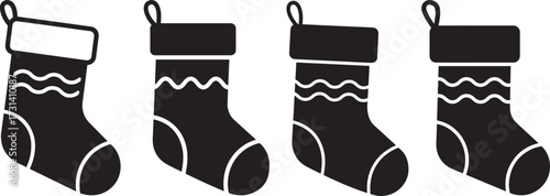 Four black christmas stocking silhouettes with white wavy designs