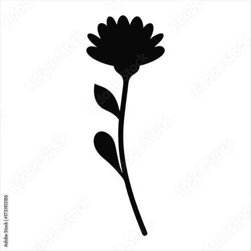 Elegant Black Flower Silhouette with Stem and Leaves on White Background