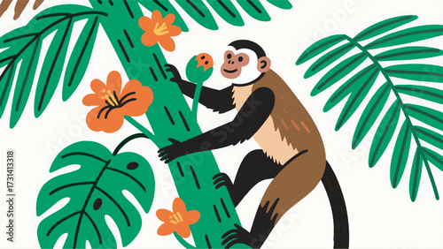 Illustration Of A Capuchin Tamarin Monkey Climbing A Tropical Tree Vector Design Template