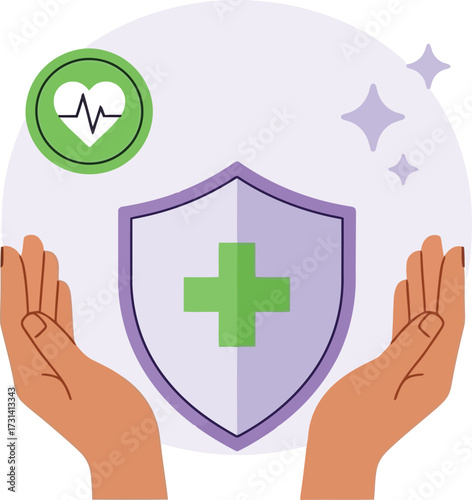 Hands holding shield with medical cross symbol isolated on white background