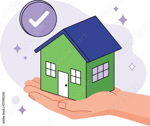 Hand holding a green house with a check mark, symbolizing home approval