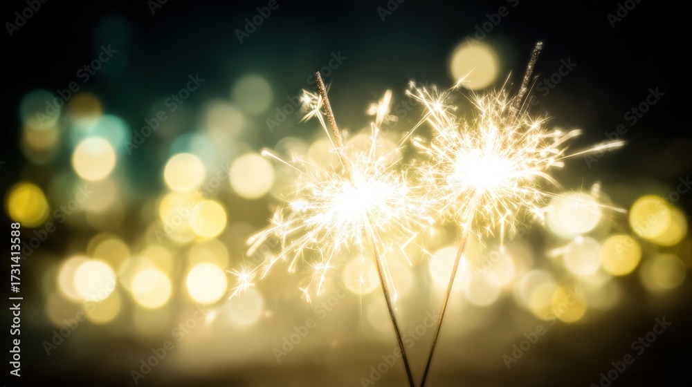 Fototapeta premium Celebratory sparklers glowing at night against a blurred festive background