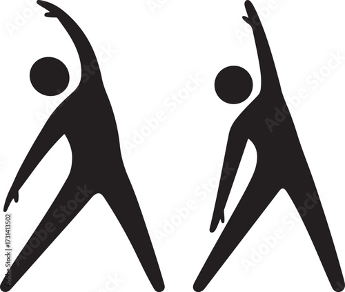Two figures performing side stretches silhouette