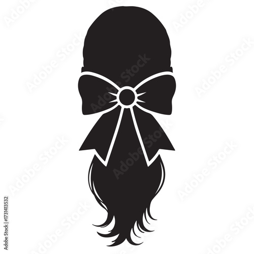Silhouette of Long Wavy Hair with Decorative Bow Black and White Hairstyle Illustration