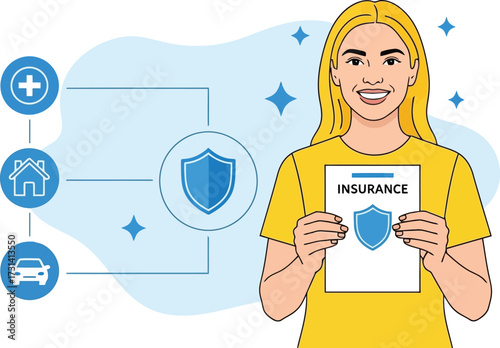Woman holding insurance document isolated on white background