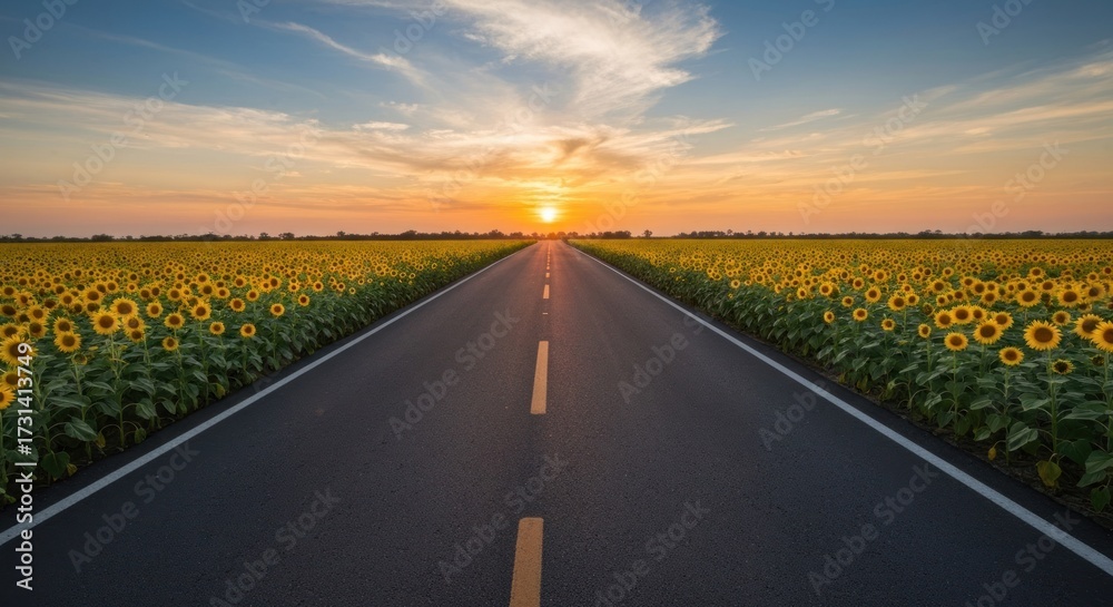 Naklejka premium Asphalt road through a sunflower field at sunset