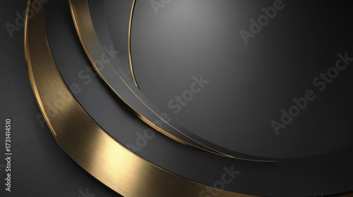 Abstract composition of black and gold curved layers with metallic sheen and smooth gradients