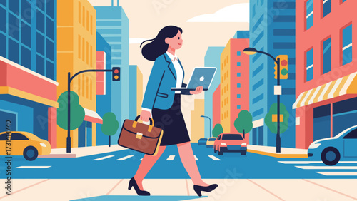 Businesswoman Walking Through City with Laptop and Briefcase