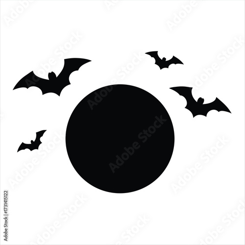 Simple Halloween illustration with a full moon and flying bats silhouettes