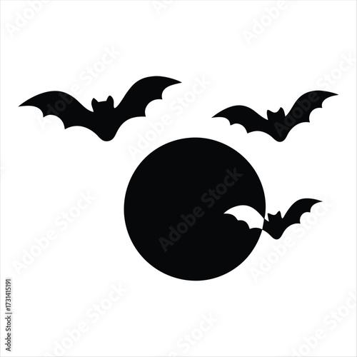 Silhouette of bats flying over a large, dark, mysterious full moon