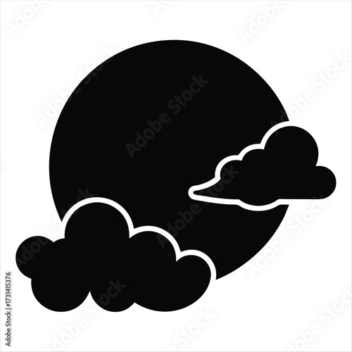Stylized black and white image of moon obscured by puffy clouds