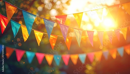 Colorful Triangle Bunting Decoration Strung Across Outdoor Space with Bright Sunlight and Blurred Green Background