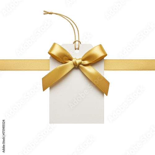 Blank gift tag with golden ribbon and bow isolated on transparent background
