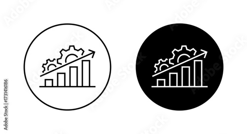 Process optimization with upward trend icon. Business growth with gear and bar chart symbol in black circle