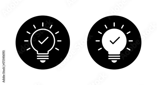 Light bulb with check mark icon. Approved idea, confirmed solution symbol in black circle