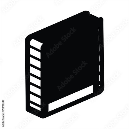 Isometric black book with white pages stands against a white background