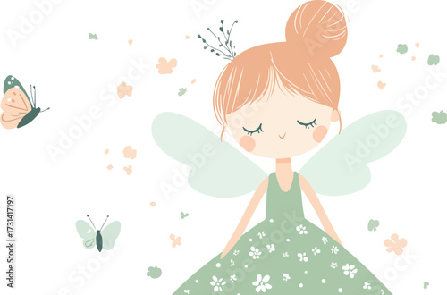 Beautiful young woman with messy bun hairstyle and a rose and butterfly illustration