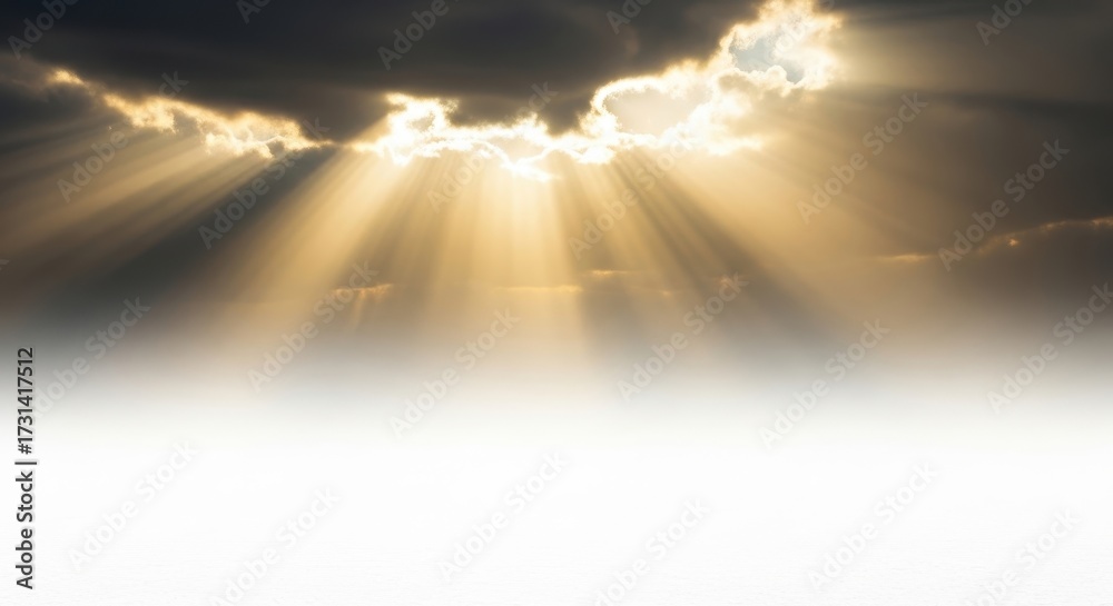 Fototapeta premium Dramatic Golden Sun Rays Breaking Through Dark Clouds with White Copy Space