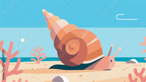 Illustration Of A Sea Snail With A Cone Shaped Shell Crawling On Shallow Sea Sand With Small Corals Vector Design Template