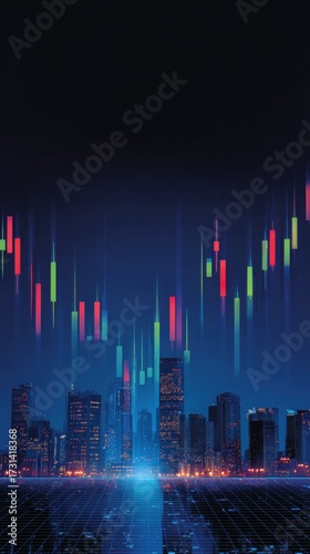 Digital candlestick chart overlay on a futuristic city skyline at night