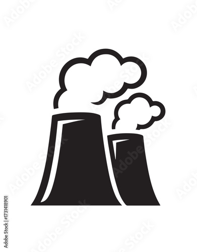 Black silhouette of two industrial cooling towers emitting white steam plumes against a white background
