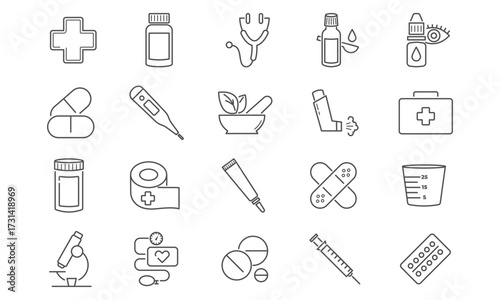 Medical pharmacy line icons set with healthcare symbols. Vector outline collection includes pill bottles, medicine capsules, syringe, stethoscope and treatment elements.