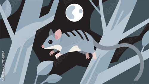 Illustration Of A Grey Sugar Glider Gliding Among Eucalyptus Trees At Night With A Full Moon Vector Design Template