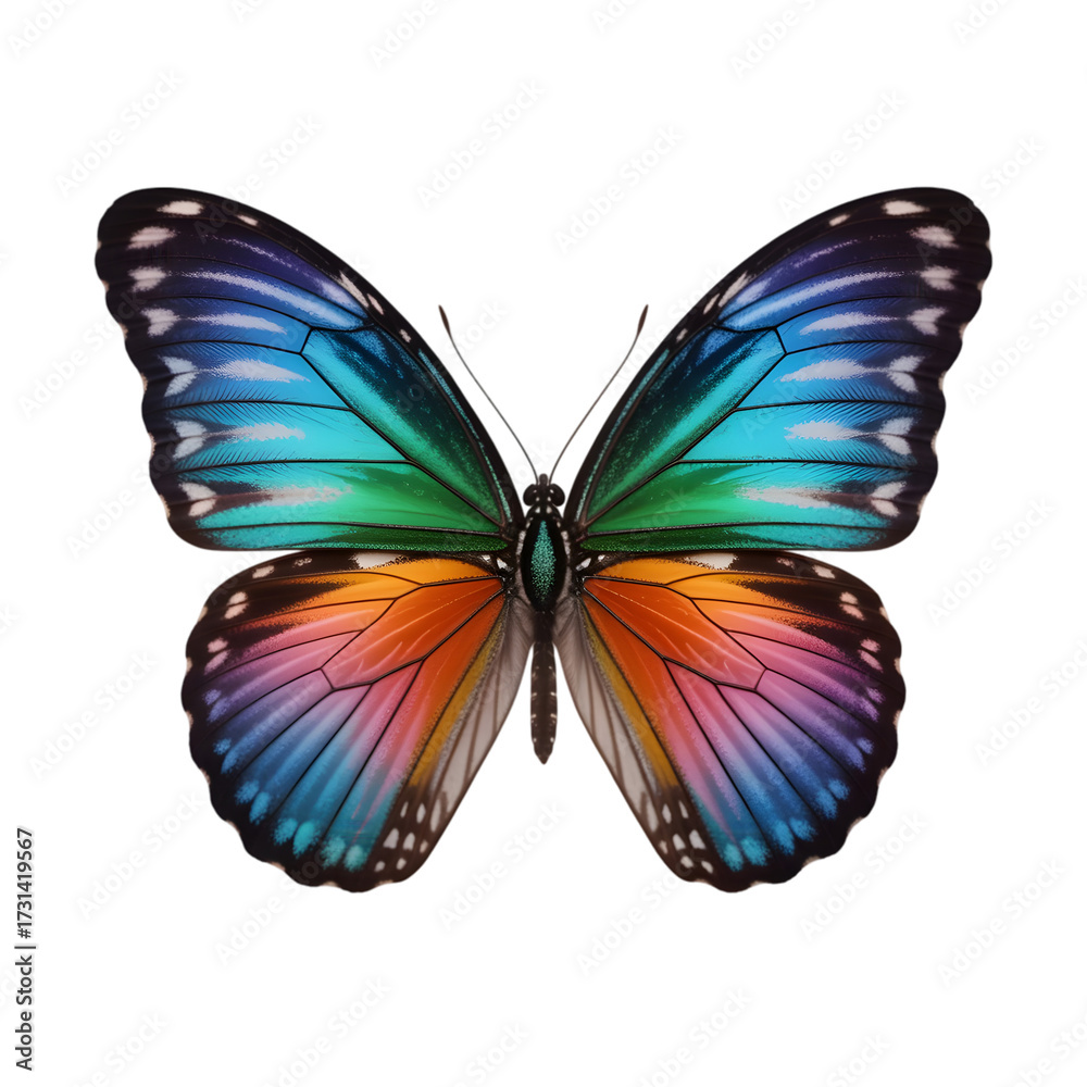 Obraz premium Vibrant Butterfly with Blue Green Orange and Pink Wings on a Transparent Background insect colorful isolated on a transparent background