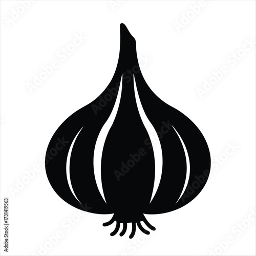 Stylized black silhouette of garlic bulb with distinct cloves and roots