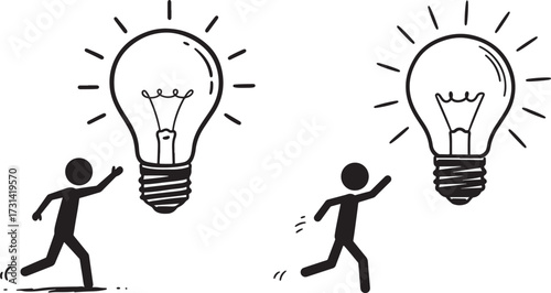 Two silhouettes chasing lightbulb ideas silhouette
