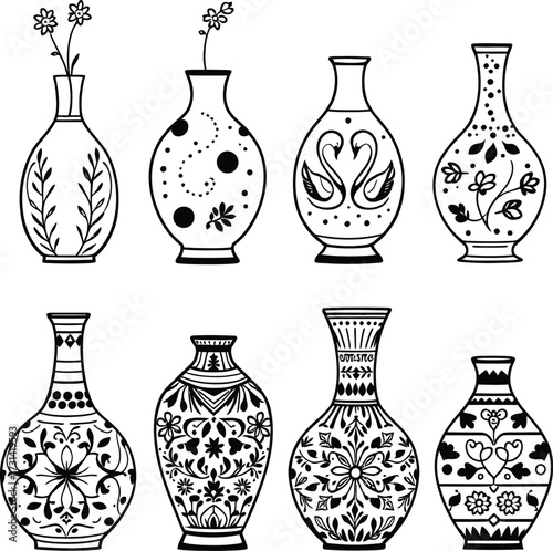 Collection of eight vases with different designs and flowers in black and white illustration style silhouette
