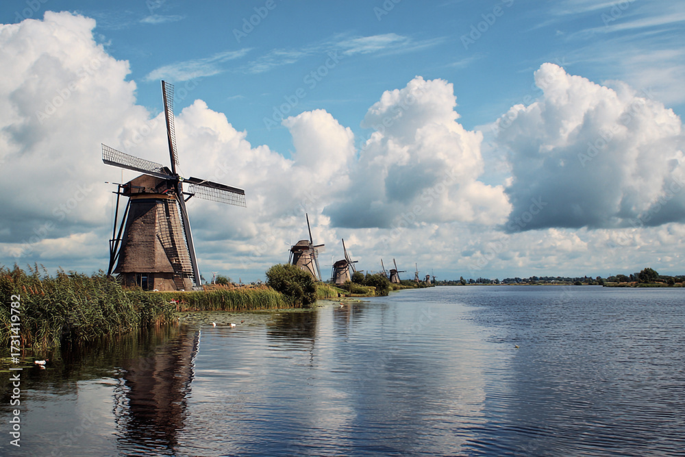 Fototapeta premium A scenic view of traditional windmills lining a waterway under a dramatic blue sky filled with white clouds