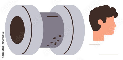 Cross-section of earplug design next to human profile, representing ear protection and noise reduction. Ideal for safety, hearing, wellness, industry, health, quietness education. A simple flat