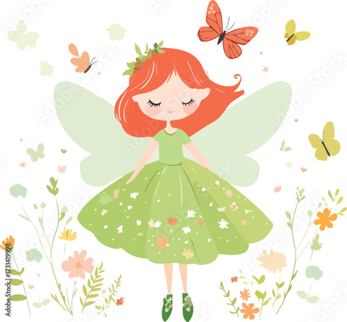 Whimsical illustration of a cute fairy with orange hair and green dress surrounded by butterflies and flowers