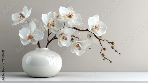Elegant white orchid flower arrangement in a smooth round ceramic vase on a plain neutral background with soft lighting and delicate botanicals for home decor