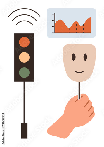 Hand holding smiling face mask symbolizing emotions near traffic light with wireless signals and a data chart. Ideal for communication, emotional intelligence, psychology, decision-making, behavior