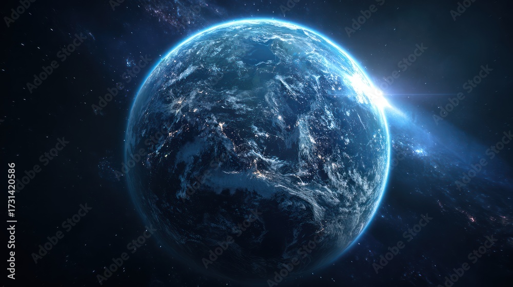 Obraz premium Cosmic Earth: A stunning celestial view of Earth in the vast expanse of space. A detailed view of the planet's oceans, clouds, and continents is captured in this image