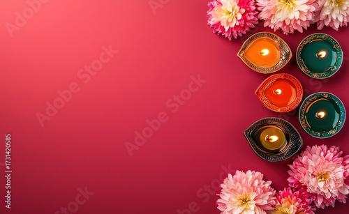 Illuminating oil lamps and colorful flowers arranged on a vibrant red surface, celebrating the Hindu festival of lights