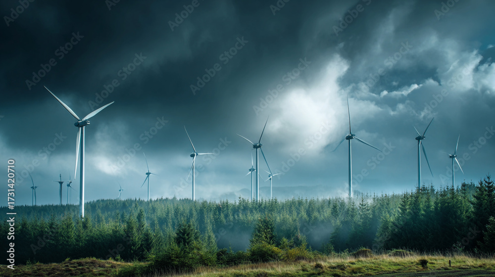 Obraz premium Wind turbines tower over a foggy evergreen forest under a dramatic and stormy sky