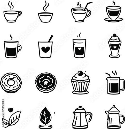 Collection of black and white line art icons featuring drinks sweets and tea related elements neatly arranged silhouette