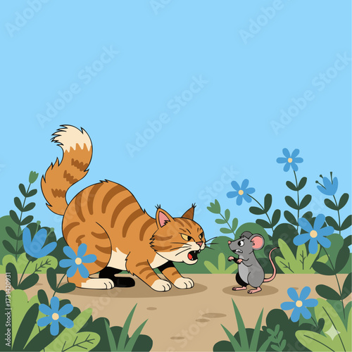 Playful orange tabby cat stalks a tiny mouse in a garden