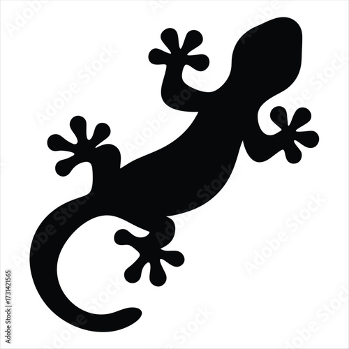 Silhouette of a Gecko Climbing, Black Image on a White Background