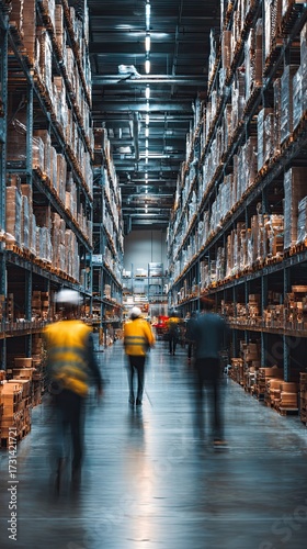 Wallpaper Mural A bustling warehouse with workers in safety gear navigating between tall shelves stacked with boxes. Torontodigital.ca