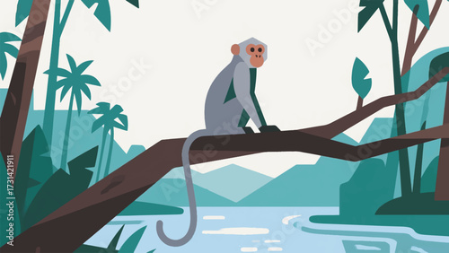 Illustration Of A Gray Monkey Sitting On A Tree Branch Near A Tropical Forest River Vector Design Template
