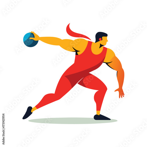 Athlete in Red Suit Throwing Blue Ball Keywords: man, athlete, sports, action, throwing, ball