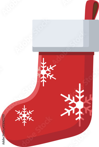 Vector illustration of a classic red Christmas stocking with white trim, flat style, isolated