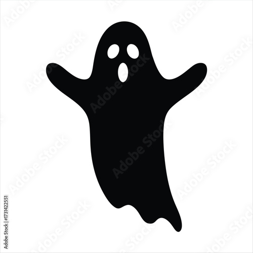 Cartoon Ghost Black Silhouette with Three Spooky Holes on White Background
