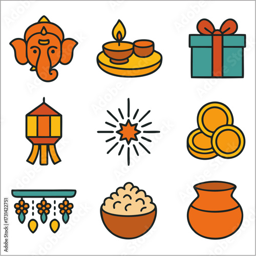 Diwali Flat Icon Set, Colorful Deepavali Festival Symbols in Minimal Style